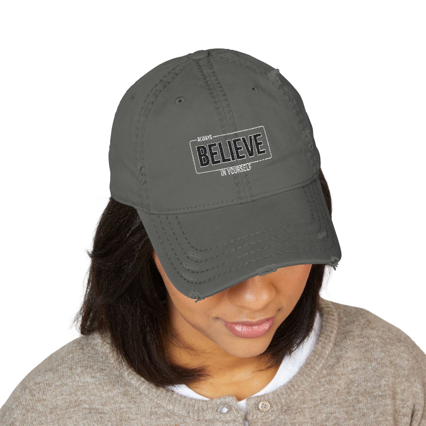 Distressed Cap Hat with Embroidery - Believe in Yourself