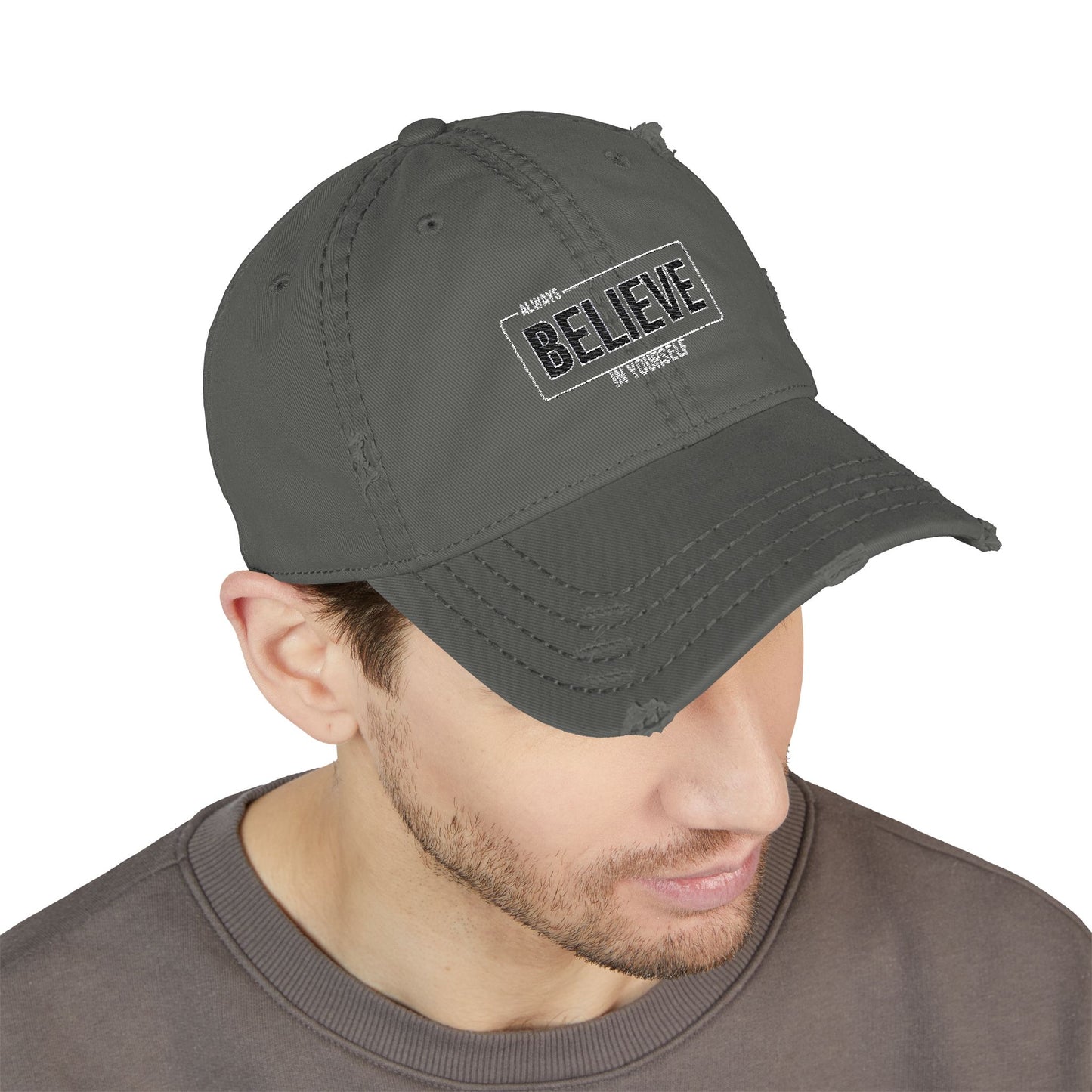 Distressed Cap Hat with Embroidery - Believe in Yourself