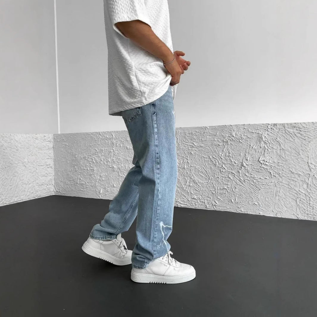 Men's Straight-leg Pants Printed Solid Color Loose Wide Leg Denim