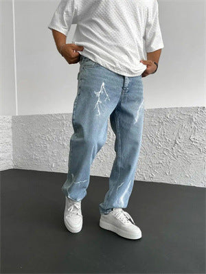 Men's Straight-leg Pants Printed Solid Color Loose Wide Leg Denim