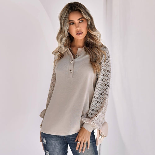 Casual Lace Button Top Women T-Shirt